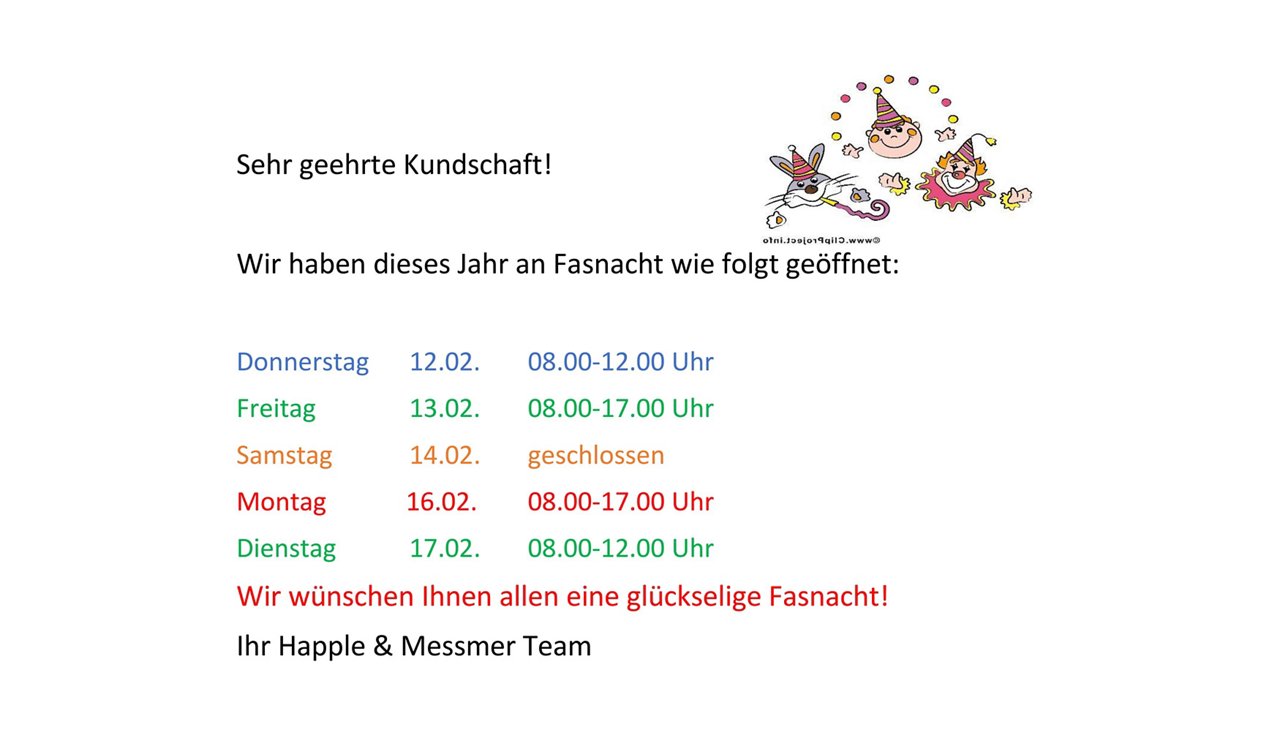 Plakat mit Öffnungszeiten und drei bunten Grafiken von Clowns.