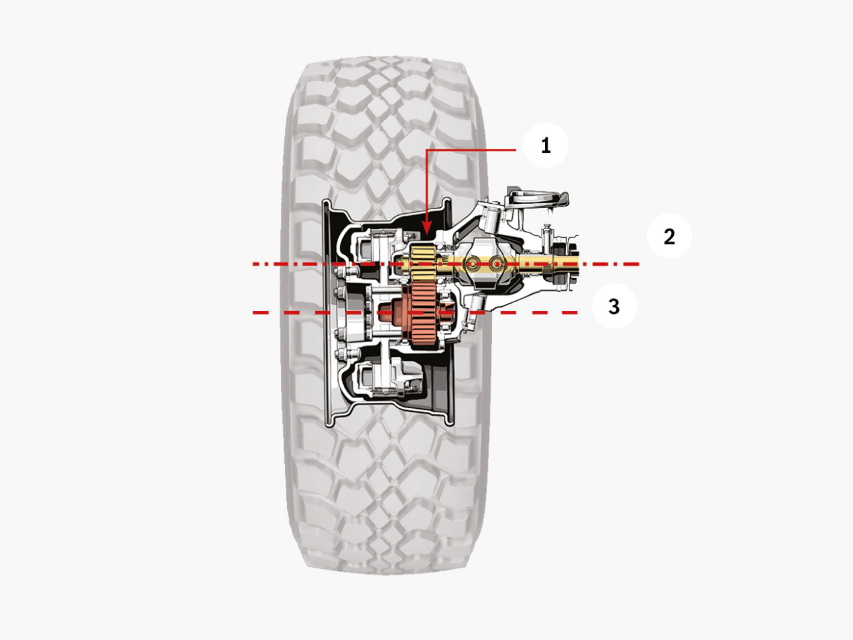 Řez nábojem kola s pneumatikou, který ukazuje vnitřní mechanické součásti.