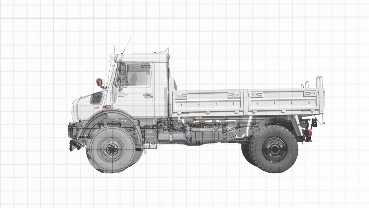 Technische tekening van een Unimog.