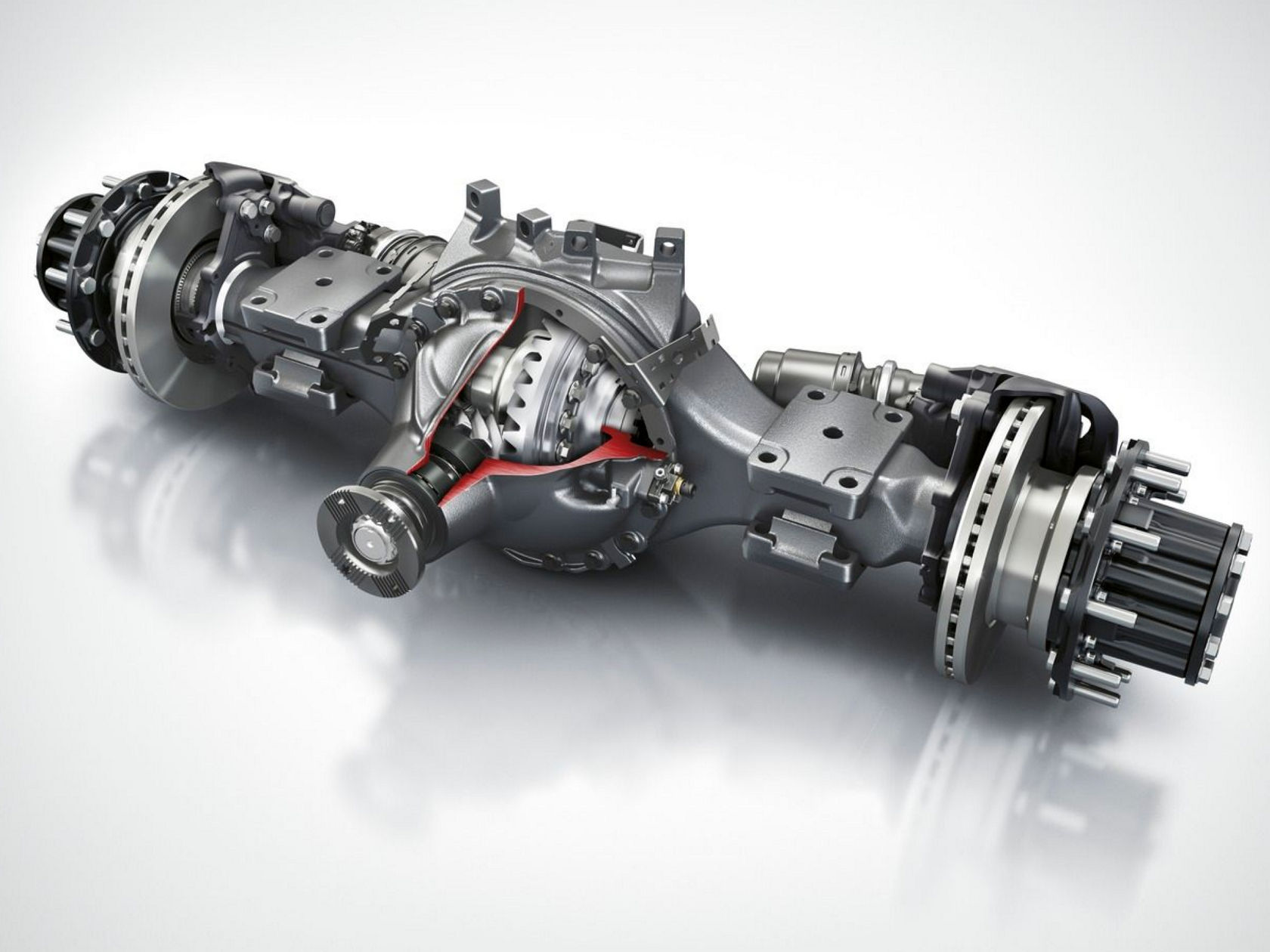 De afbeelding toont een gedetailleerde technische weergave van een achteras met transmissieonderdelen die gedeeltelijk opengesneden zijn om de interne mechanismen te tonen. De componenten zijn in grijstinten gehouden, met rode accenten die de snijvlakken accentueren.