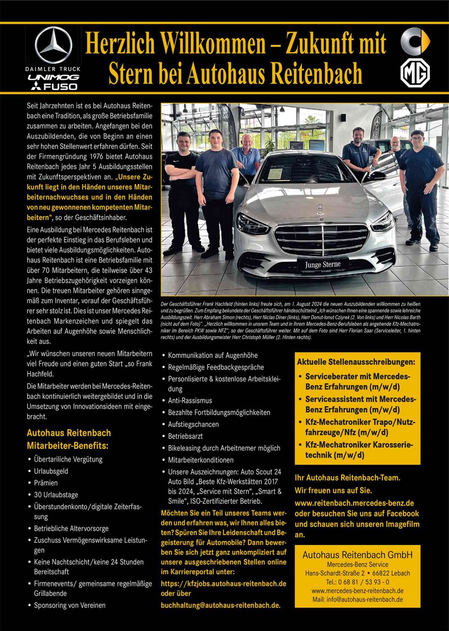 neue Auszubildende und Mitarbeiter des Autohaus Reitenbach stehen rechts und links neben einem Mercedes