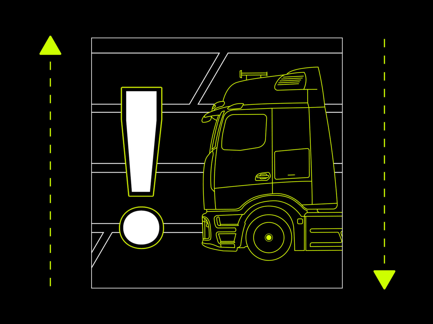 Das Bild zeigt eine schematische Darstellung auf schwarzem Hintergrund. Im Zentrum ist die Seitenansicht eines Trucks in neongelben Umrisslinien zu sehen. Links neben dem Truck befindet sich ein großes, weißes Ausrufezeichen, ebenfalls mit neongelbem Umriss. Über und unter dem Bildrand sind neongelbe Dreiecke platziert, die jeweils auf eine gestrichelte Linie zeigen, die sich vertikal entlang der linken und rechten Seite des Bildes erstreckt. Im Hintergrund sind angedeutete, weiße Linien zu sehen, die eine abstrakte Form bilden.