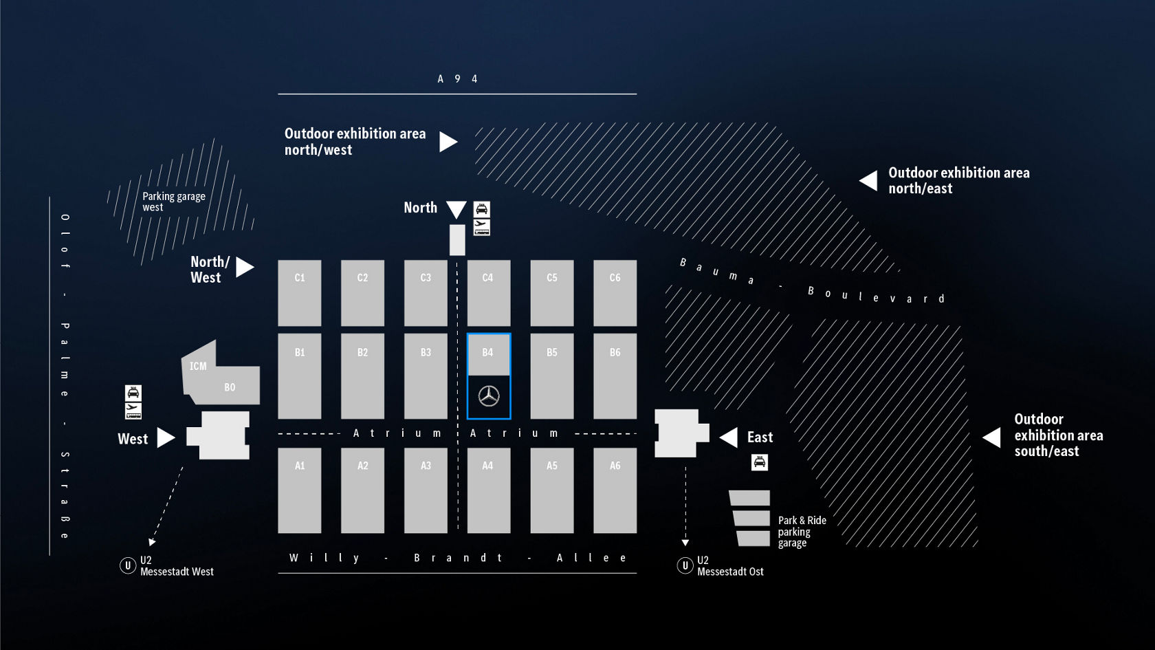 A map of the Munich trade fair shows the light grey halls (A-C 1-6) and striped open areas (north/west, north/east, south) on a dark blue background. Hall B4 is highlighted in blue. Metro stations (U2 Messestadt West/Ost) and the ICM are shown, as are the compass directions.