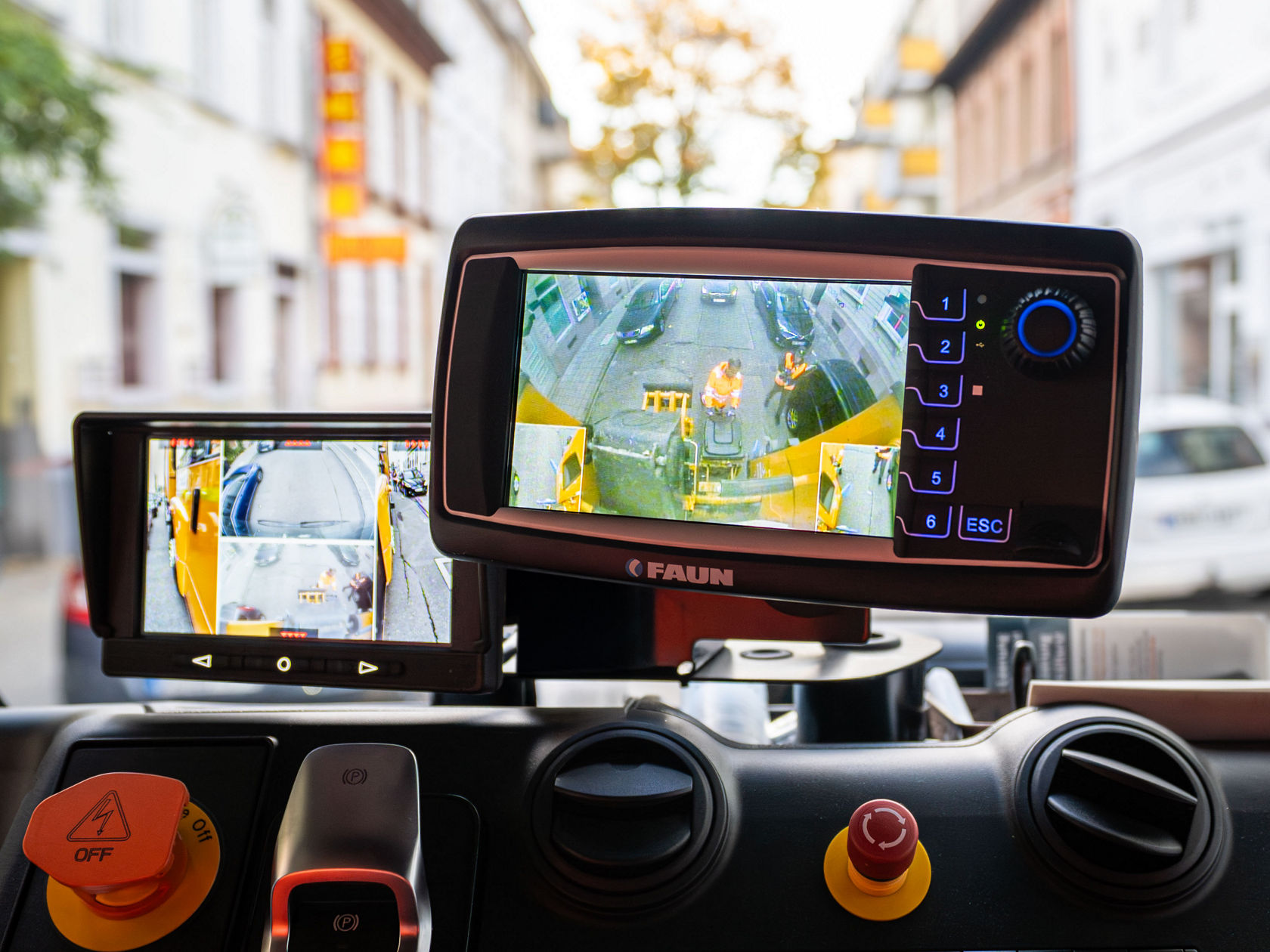 Monitor in the cab shows images from the safety assistance systems.