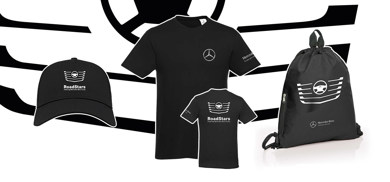  Stylish T-shirts, caps and bags in the new RoadStars collection.