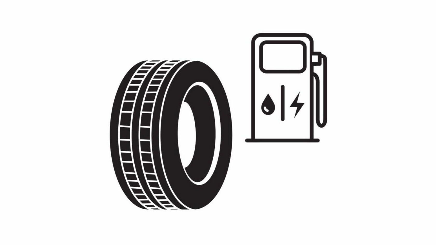 The image shows two black symbols on a white background. On the left is a tyre shown in profile. To the right is a stylised gas station symbol with a drop and a lightning bolt, indicating petrol and electricity as fuel options.