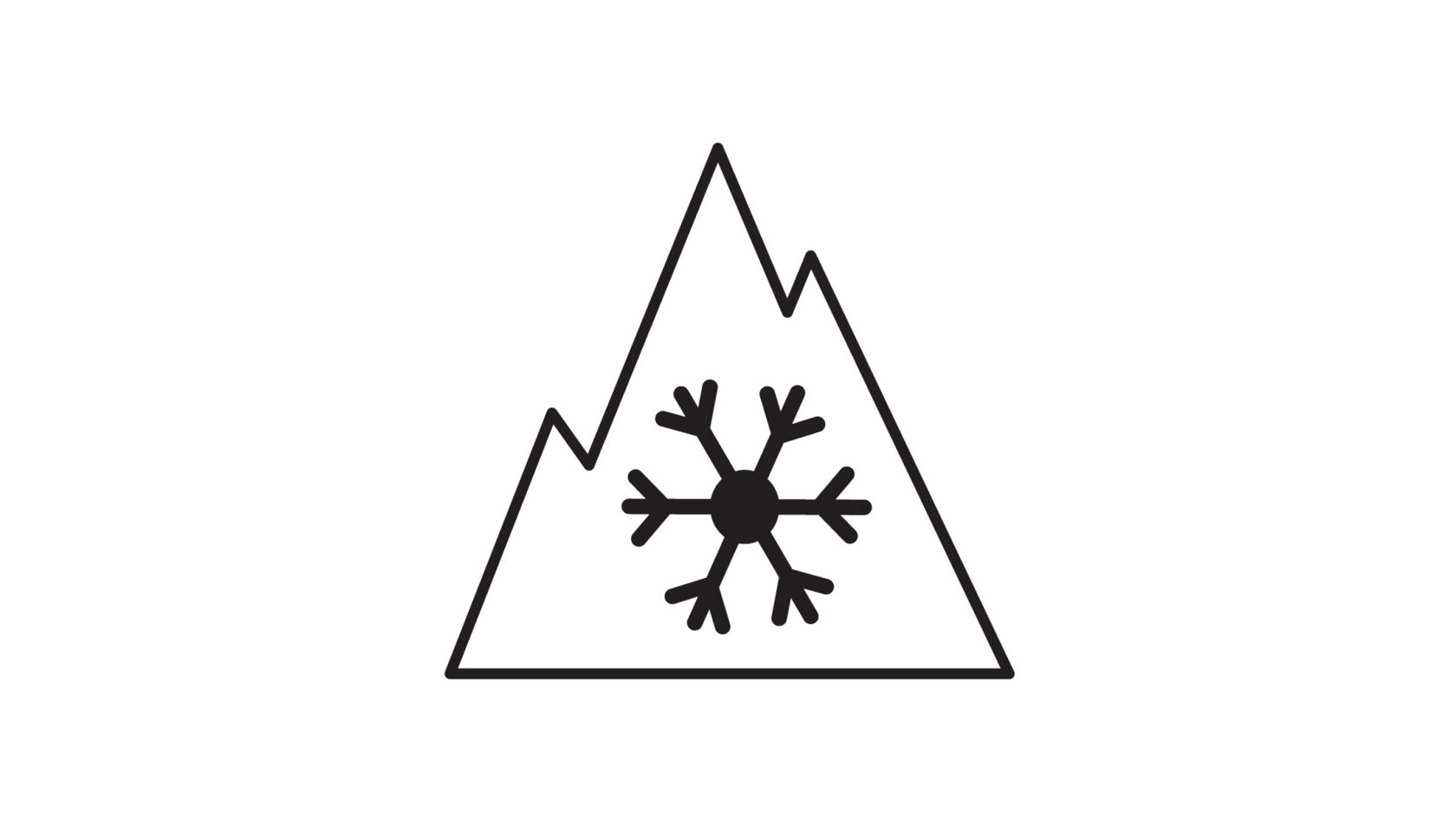 Das Bild zeigt ein stilisiertes Berg-Symbol mit einer Schneeflocke im Zentrum. Der Berg ist durch eine einfache, schwarze Umrisslinie dargestellt, die dreieckige Spitzen andeutet. Die Schneeflocke im Inneren ist ebenfalls schwarz und verstärkt die Assoziation mit winterlichen Bedingungen oder kaltem Klima. Das Symbol könnte für Winterreifen, Wintersport oder allgemein für Kälte geeignet sein.