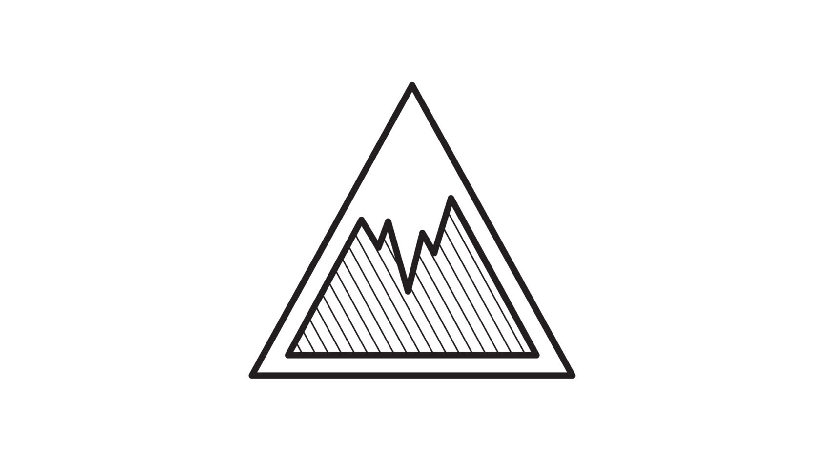 A black triangle reminiscent of a mountain pictogram can be seen on a white background. Inside the triangle is a stylized mountain top with a serrated line and parallel, diagonal lines underneath that may represent layers of snow or rock. The entire symbol looks minimalistic and could represent mountain sports, outdoor activities or something similar.