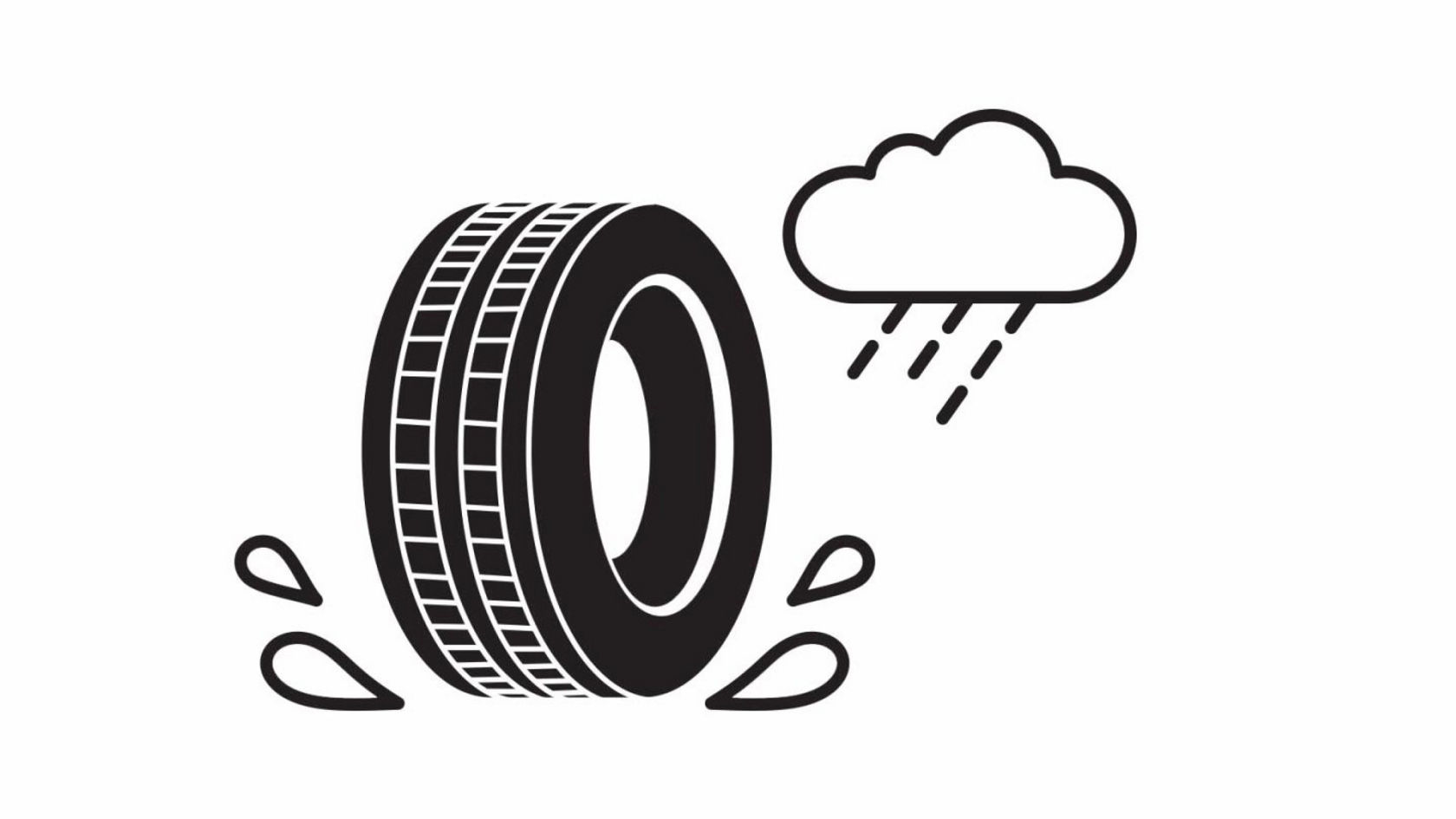 A black tyre is shown in profile with stylised water droplets splashing up beside it. A black cloud floats above the tyre with rain falling from it. The image symbolises the grip of a tyre in wet or rainy conditions.