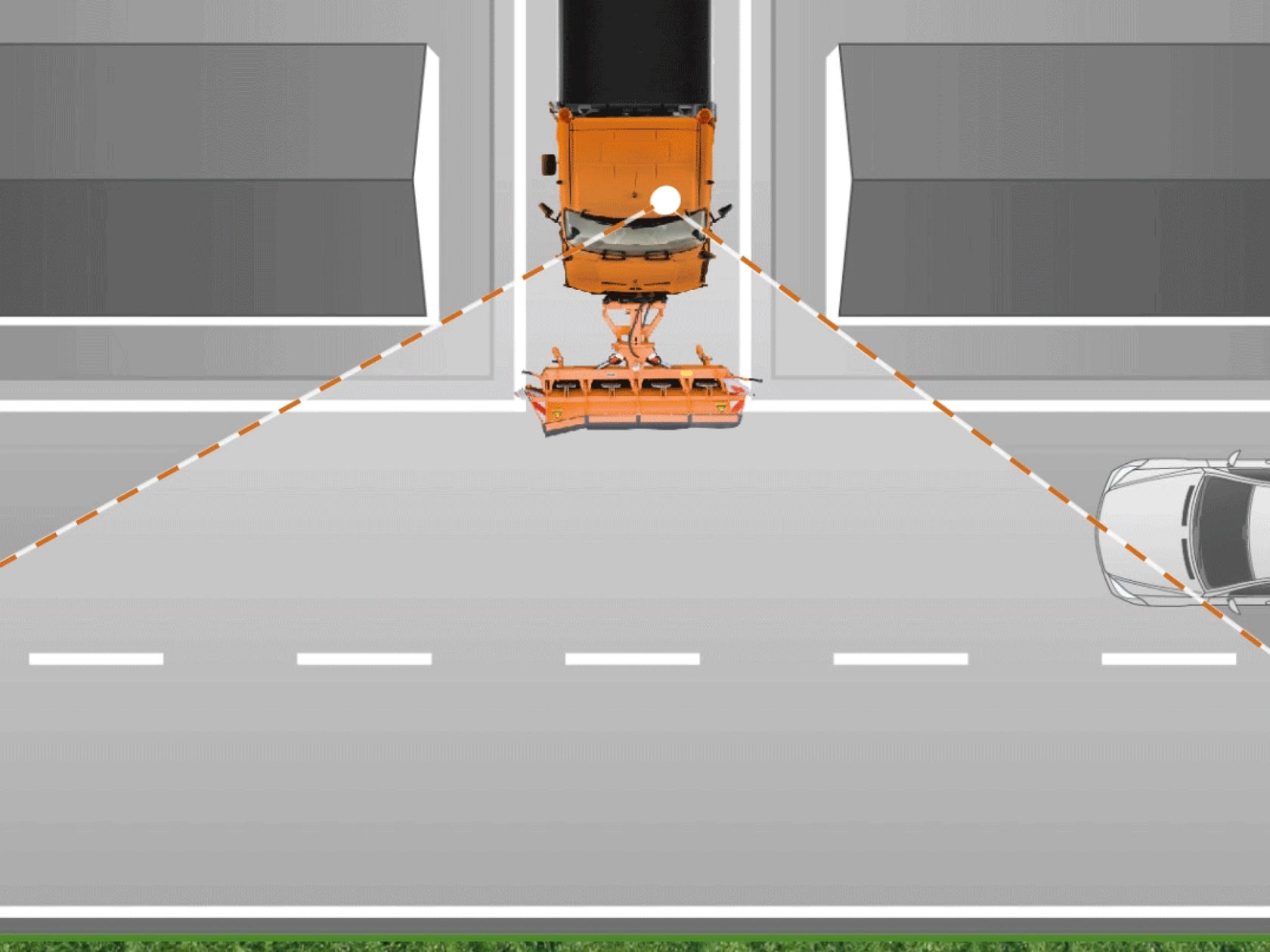 Vue de dessus d'un Unimog orange et d'une voiture blanche sur une route. Des lignes orange en pointillés indiquent la trajectoire de l'Unimog lorsqu'il tourne.