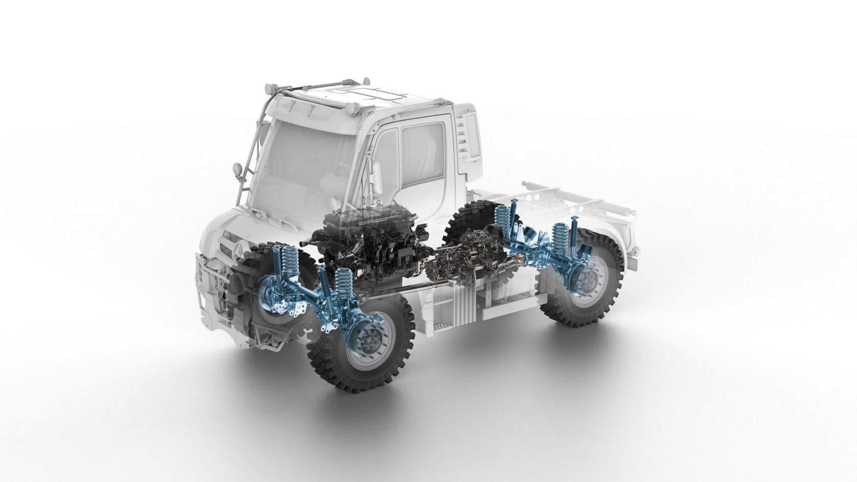 Vue d'un porte-outils Unimog en optique rayons X. La transmission intégrale et les essieux sont de couleur bleue.