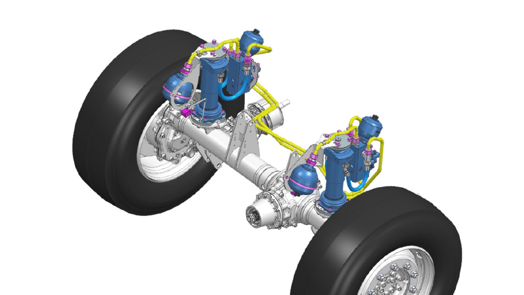 Dessin détaillé 3D d'un essieu arrière avec suspension hydropneumatique.