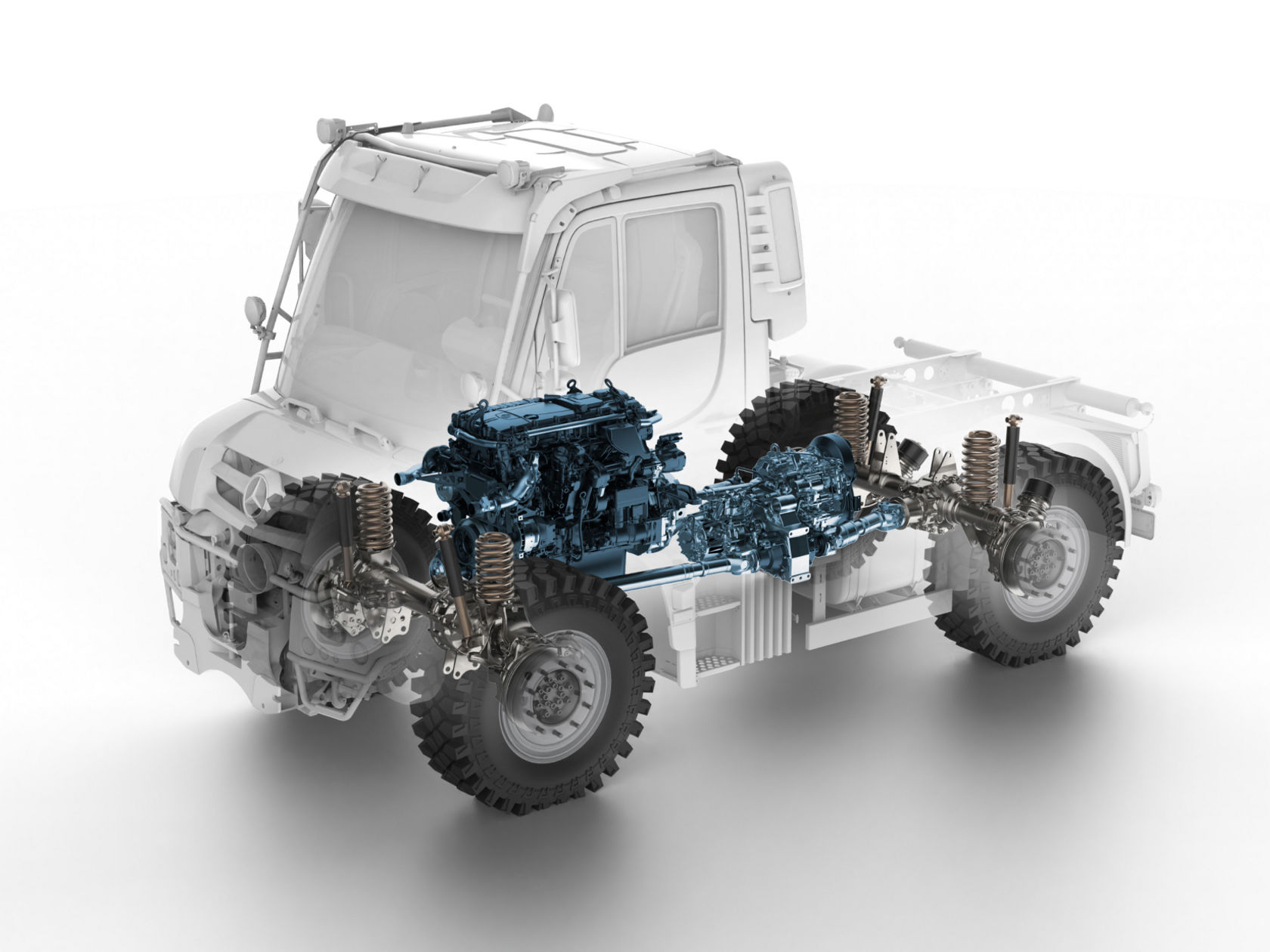 Ansicht eines Unimog Geräteträger in Röntgen-Optik. Motor, Antriebsstrang, Achsen sind blau eingefärbt.