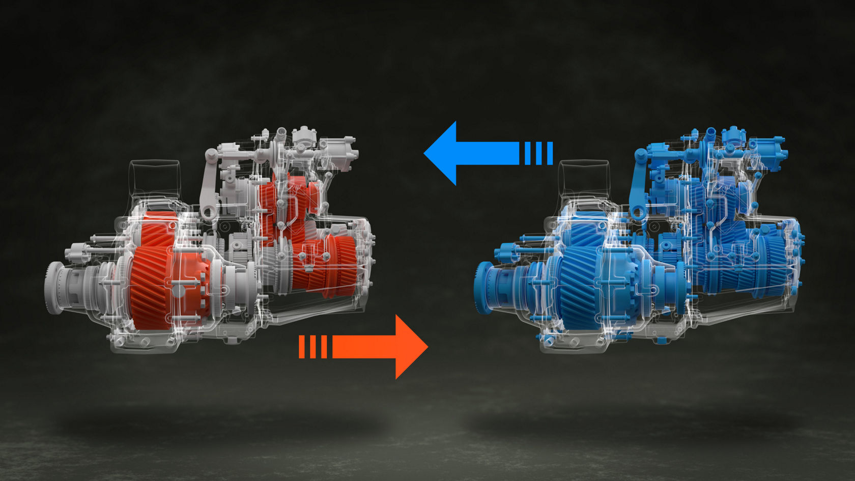 Zwei schematische Darstellungen eines Getriebes nebeneinander. Im linken Getriebe sind einige schadhafte Teile rot, im rechten Getriebe sind alle Teile blau. Zwei Pfeile (rot und blau) mit gestrichelten Linien verdeutlichen den Service: Du bekommst priorisiert ein instandgesetztes Ersatz-Getriebe.