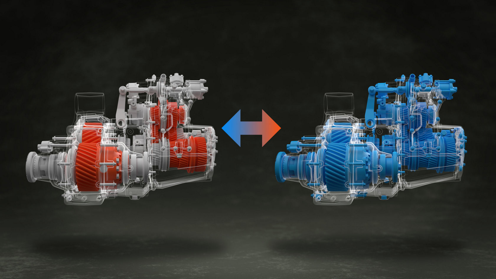 Two schematic representations of a transmission next to each other. In the left transmission, some damaged parts are red; in the right, all parts are blue. A two-way arrow in between illustrates the service: all damaged parts are replaced at the factory. 