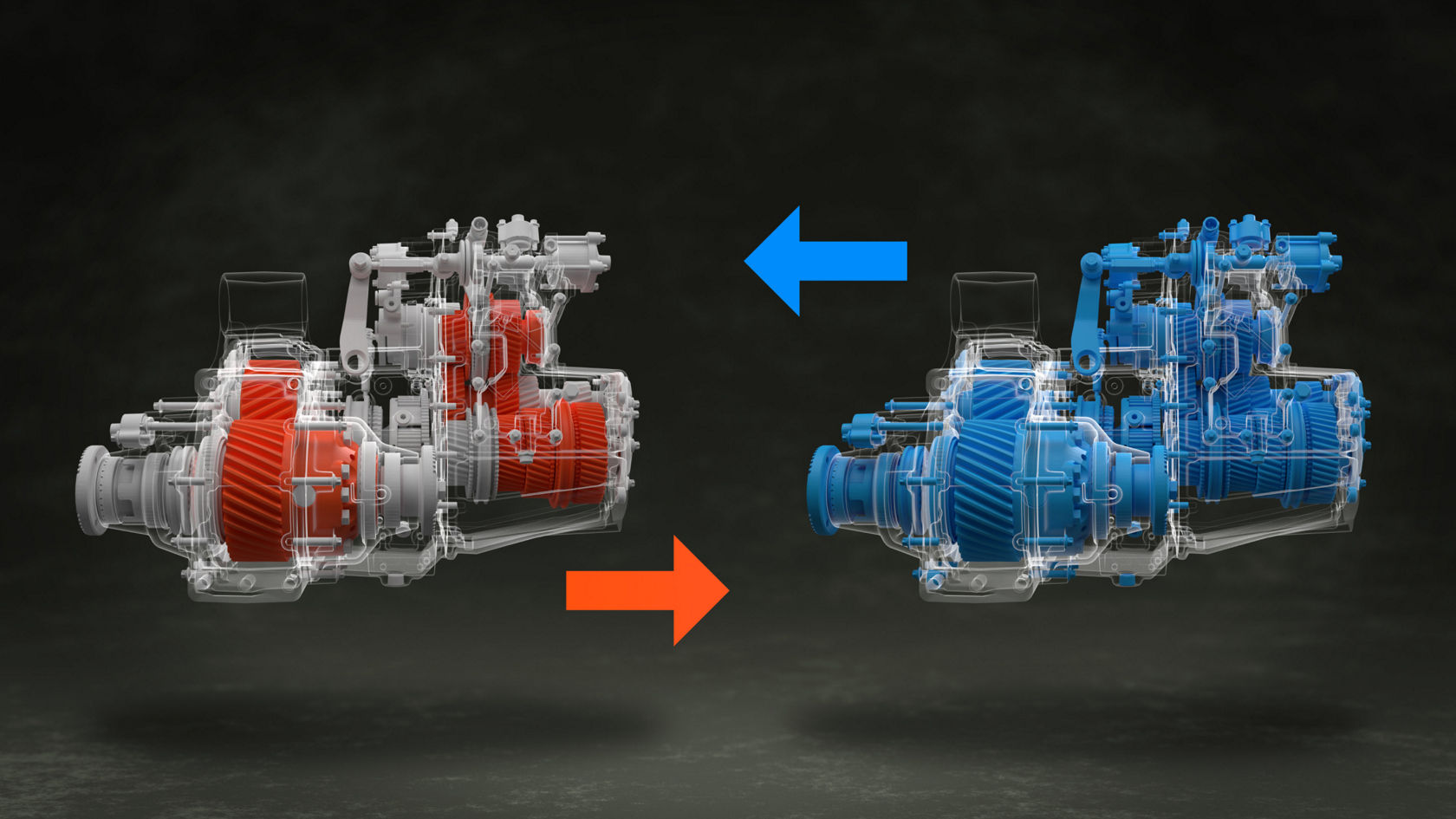 Two schematic representations of a transmission next to each other. In the left transmission, some damaged parts are red; in the right, all parts are blue. Two arrows (red and blue) illustrate the service: you receive a repaired replacement transmission.