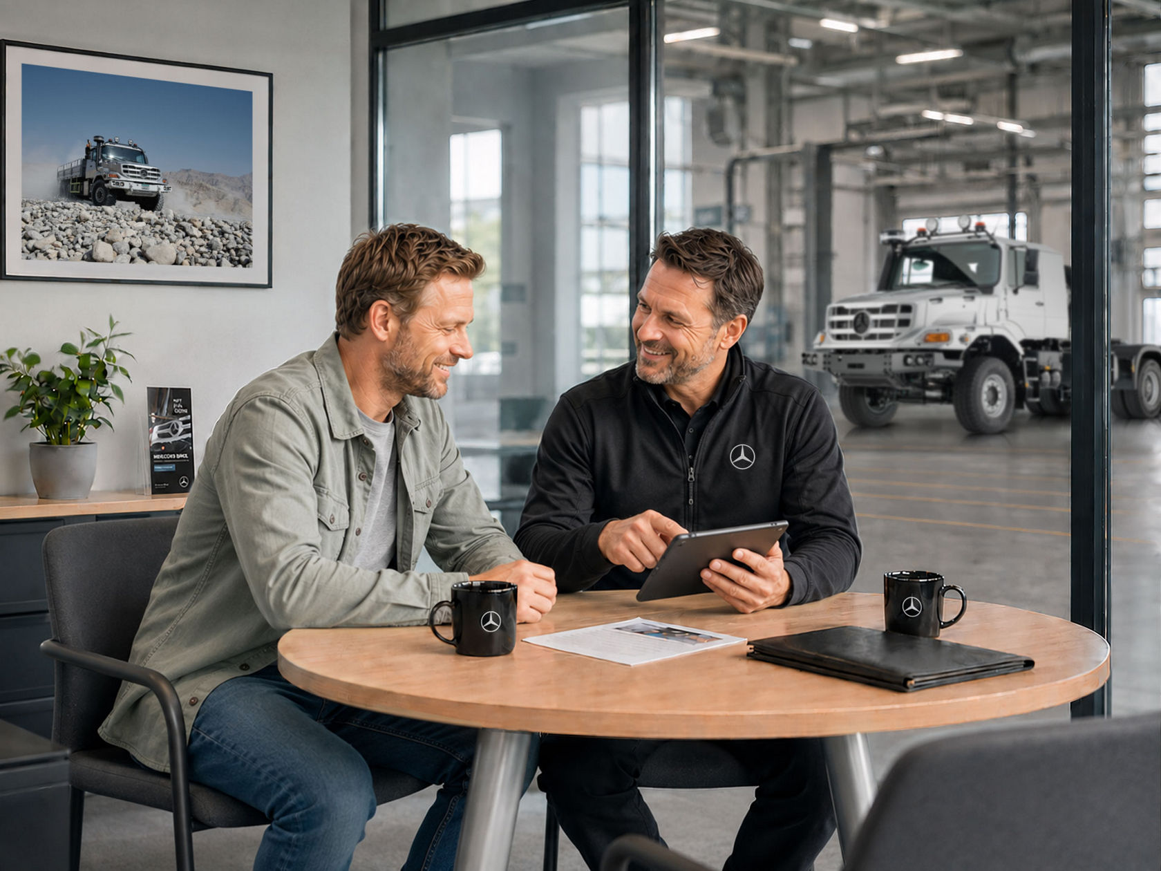 Two businessmen sit at a table, discussing documents and drinking coffee.
