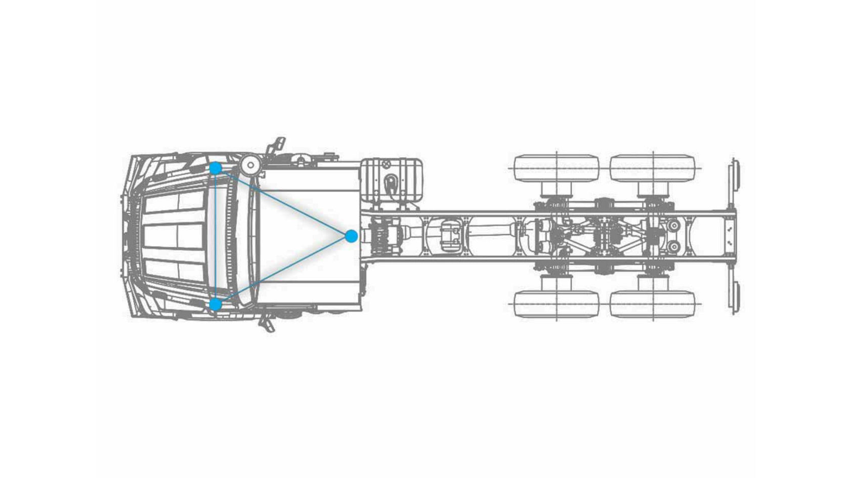 Un dibujo técnico muestra una vista en planta de la cabina de un Zetros. Tres puntos azules unidos por líneas formando un triángulo ilustran la cabina con suspensión de 3 puntos.