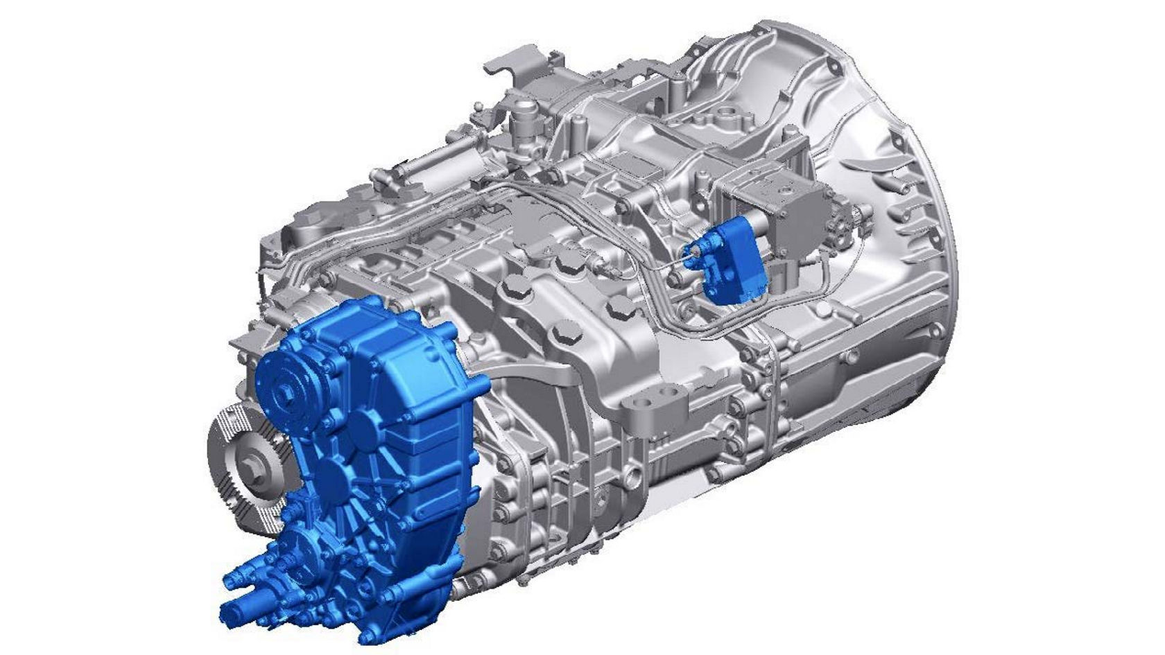 Technical drawing of the transmission in grey with transfer case highlighted in blue.